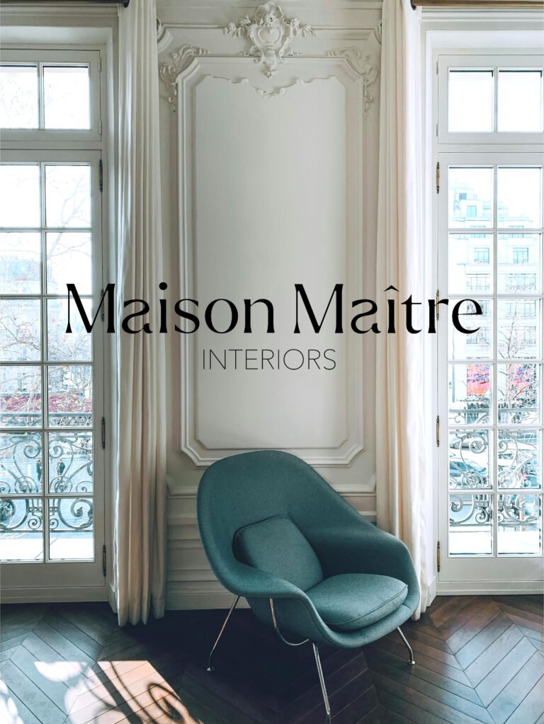 Luxury interior design logo for Maison Maître featuring a minimalist maison de maître illustration and custom-designed typography, created for a refined and timeless brand identity.