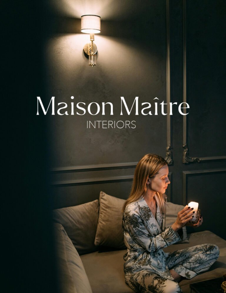 Luxury interior design logo for Maison Maître featuring a minimalist maison de maître illustration and custom-designed typography, created for a refined and timeless brand identity.