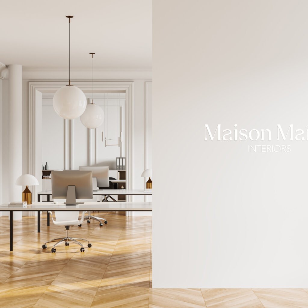 Luxury interior design logo for Maison Maître featuring a minimalist maison de maître illustration and custom-designed typography, created for a refined and timeless brand identity.