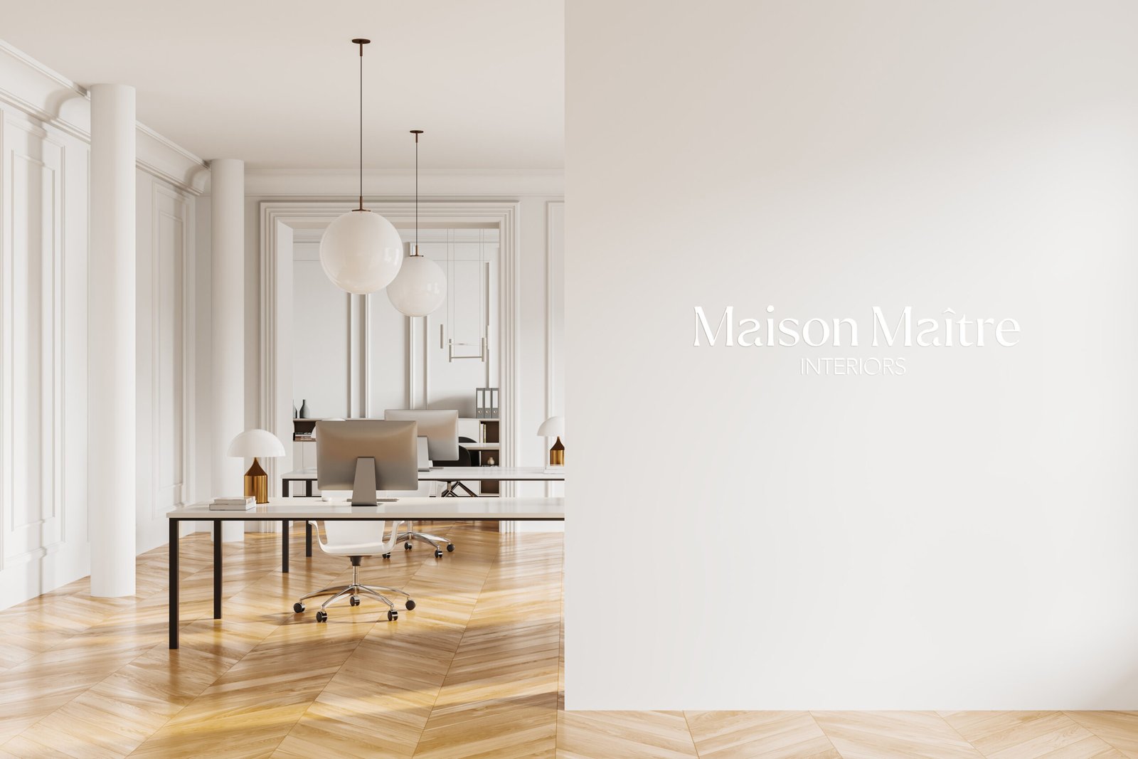 Luxury interior design logo for Maison Maître featuring a minimalist maison de maître illustration and custom-designed typography, created for a refined and timeless brand identity.