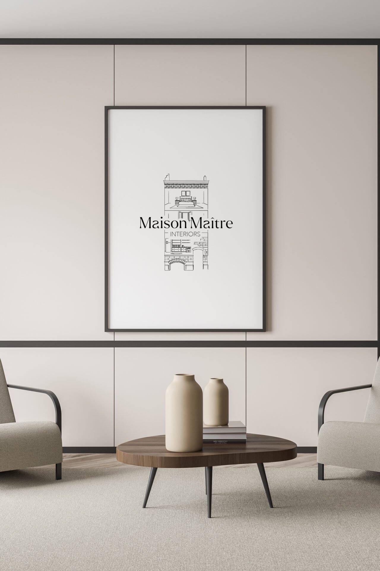 Luxury interior design logo for Maison Maître featuring a minimalist maison de maître illustration and custom-designed typography, created for a refined and timeless brand identity.