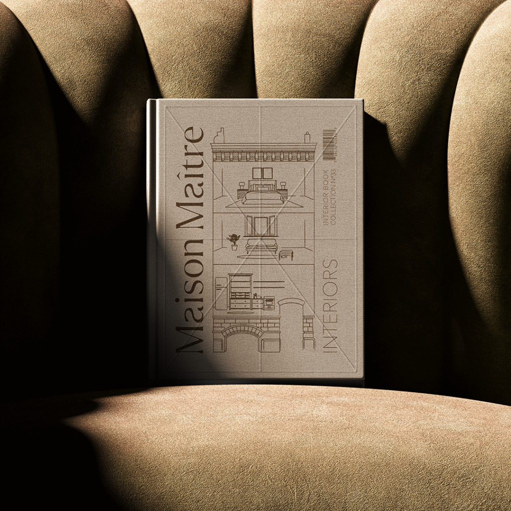 Luxury interior design logo for Maison Maître featuring a minimalist maison de maître illustration and custom-designed typography, created for a refined and timeless brand identity.