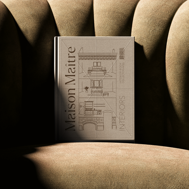 Luxury interior design logo for Maison Maître featuring a minimalist maison de maître illustration and custom-designed typography, created for a refined and timeless brand identity.