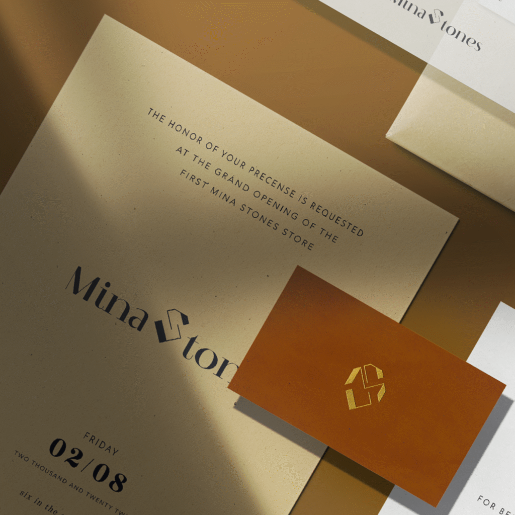 Feminine african style jewelry logo design for Mina Stones, a handmade jewellery brand, the creator as well as the stones come from Nigeria.